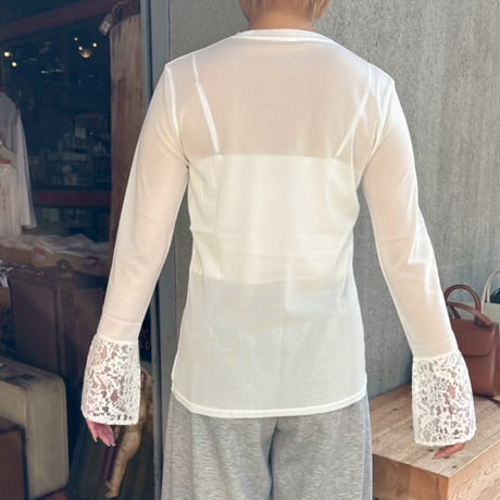 袖口レースメッシュニットクルーネックトップス(アイボリー)