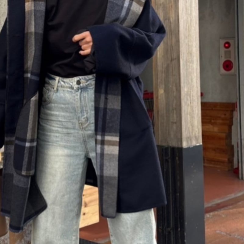 フード付きダークネイビー コート バックパターンチェックフードコート(ダークネイビー) | myinemy's STORE