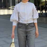 ノーカラーデザインスリーブシャツ(ストライプ/ブラウン)