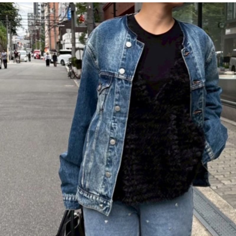 プラージュ 日本製 JANE SMITH 別注 デニムジャケット ノーカラー O セール】オーバーサイズノーカラーデニムツイルジャケット