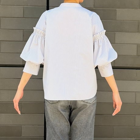 ノーカラーデザインスリーブシャツ(ストライプ/ブラウン)