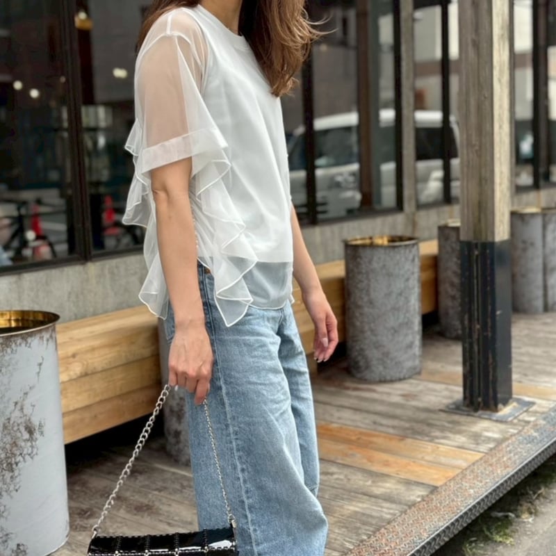 美品★シャーリングフレアトップス　トリーバーチ　ブランド　綿100% コットン シアーシャーリングスリーブ ドッキングカットソー【洗濯機洗い