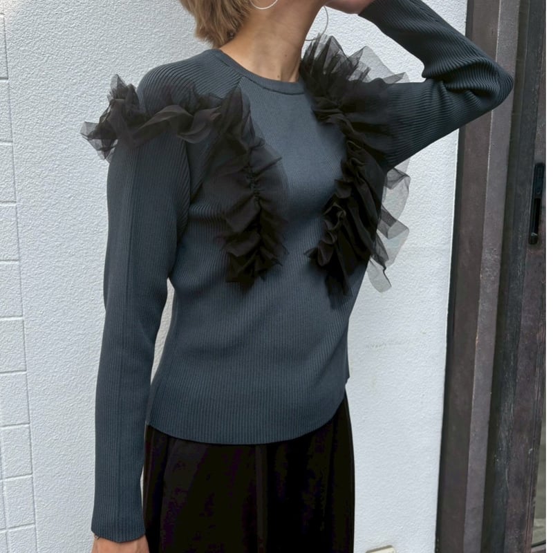 フリルドッキングニット(グリーン×ブラック) | myinemy's STORE