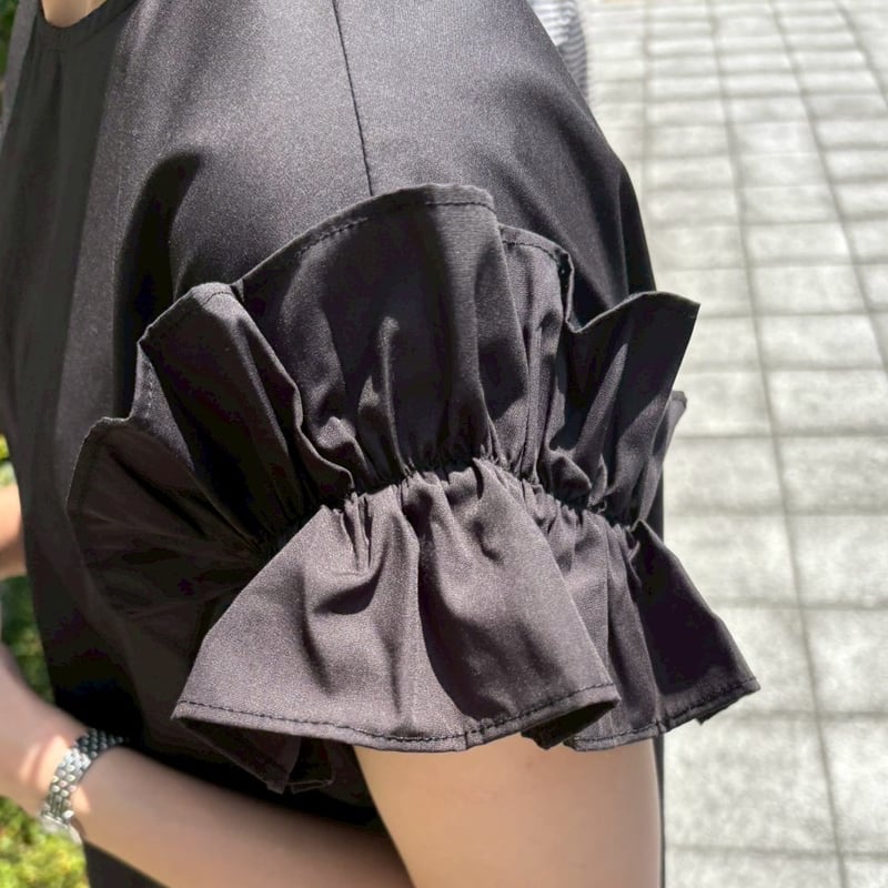 angelnumber555 ブラックミニワンピース 半袖 フリル袖 フリル袖