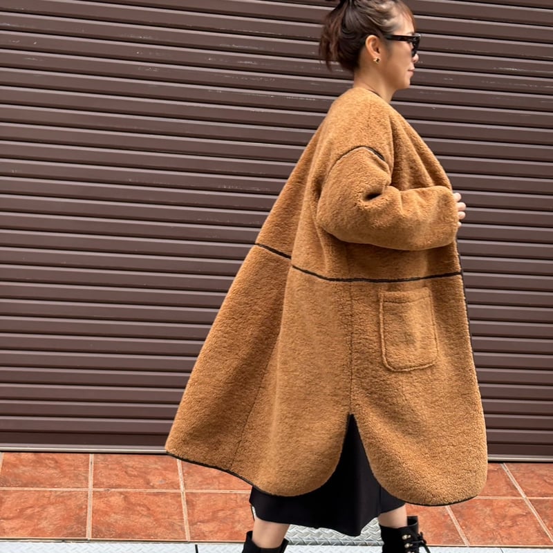 サイドスリットロングボアスエードボンディングコート(ブラウン