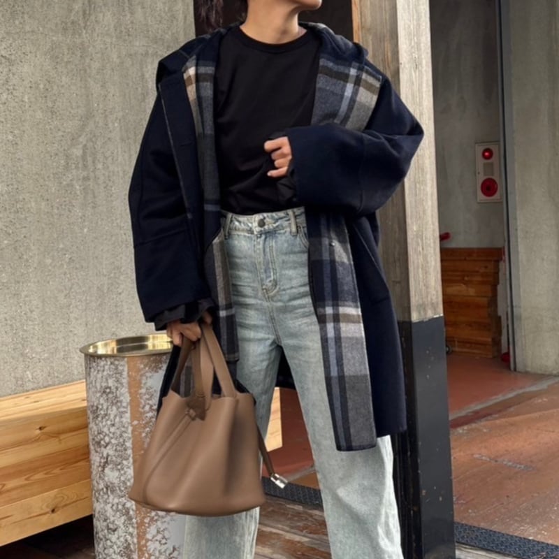 バックパターンチェックフードコート(ダークネイビー) | myinemy's STORE