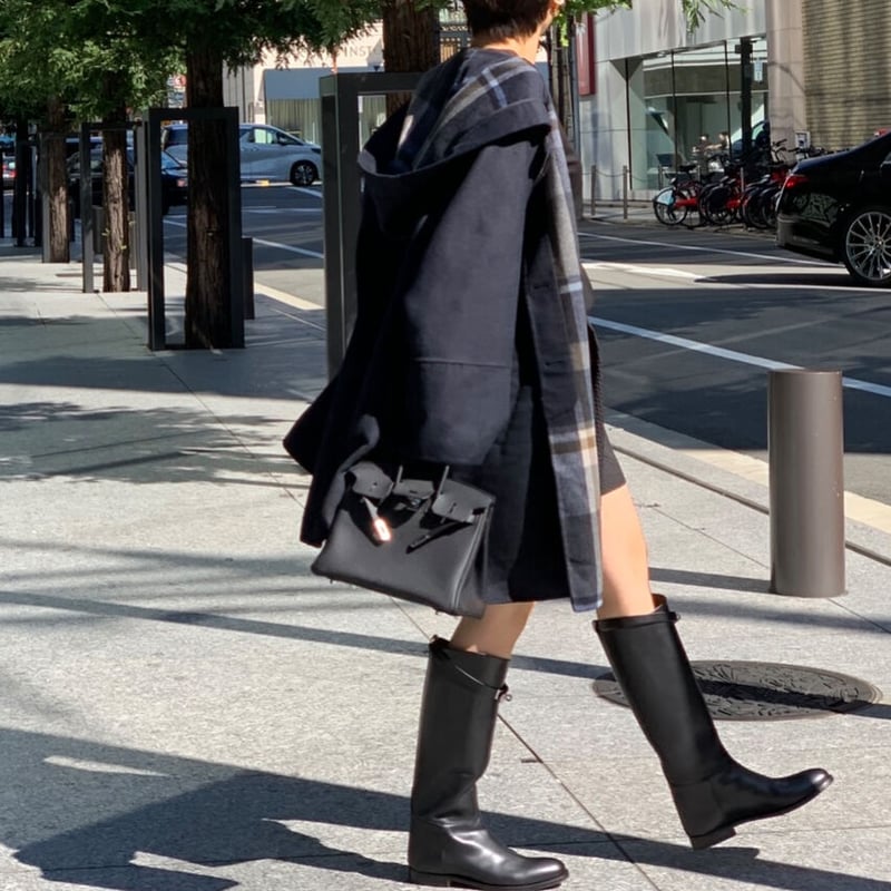 フード付きダークネイビー コート バックパターンチェックフードコート(ダークネイビー) | myinemy's STORE