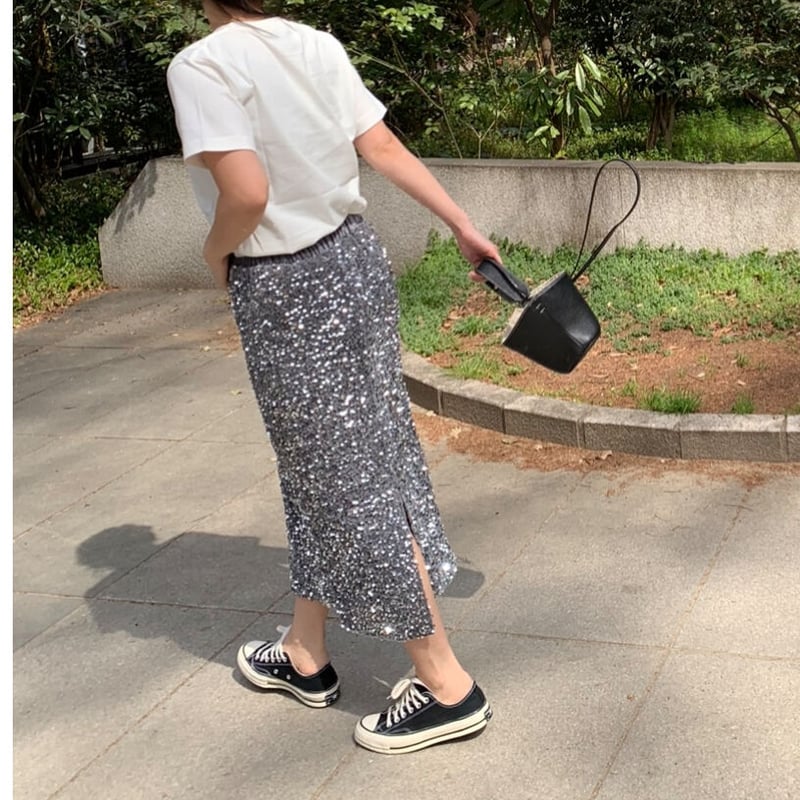 POPUP販売商品】スパンコールストレッチスカート(シルバー  