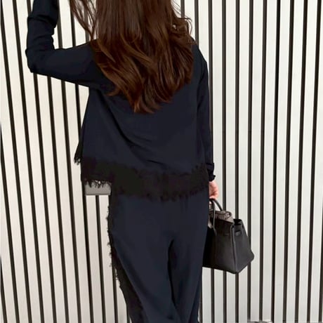 【SETUP対応】サイドレースハイウエストストレートパンツ(ネイビー)