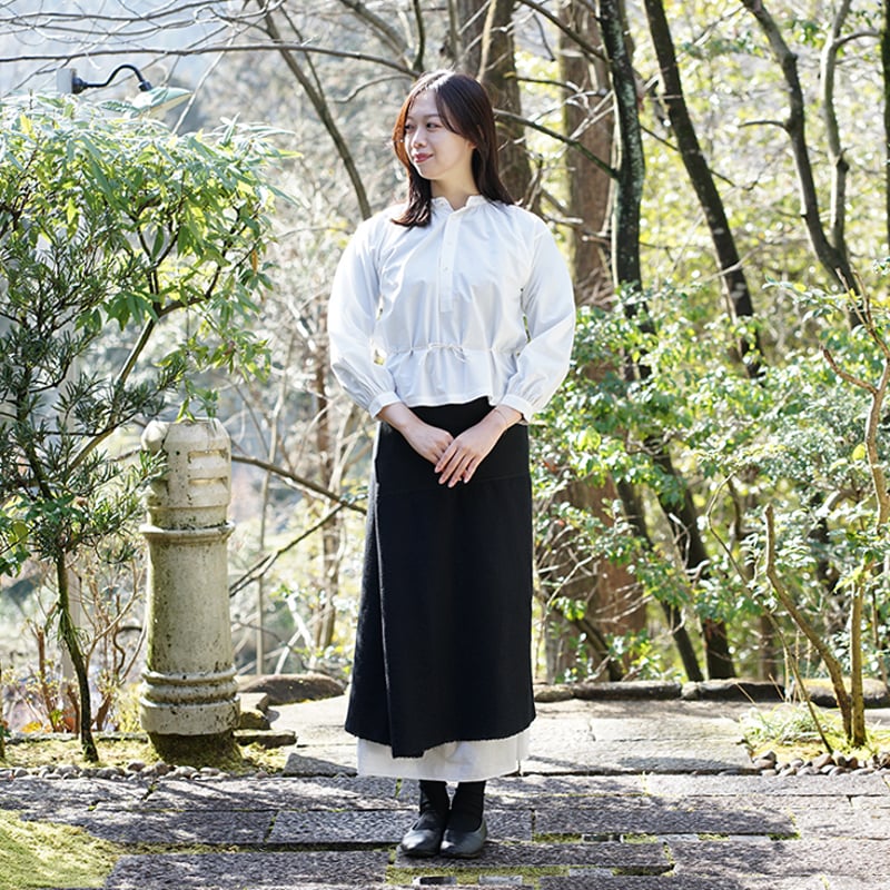 安藤明子】フレアゴムスカート 強撚綿 墨黒/オフホワイト サイズ1・2