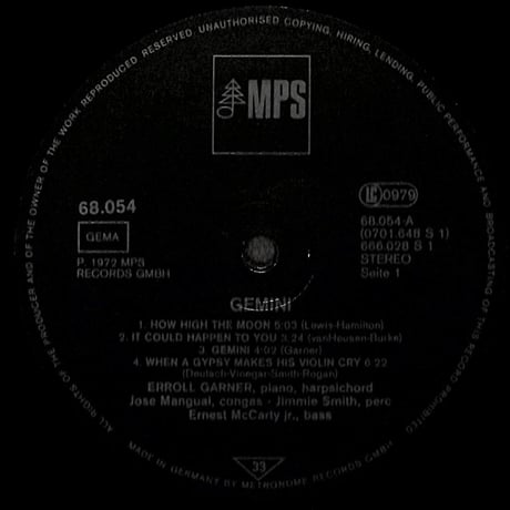 エロル・ガーナー / Gemini［※輸入盤,生産国:Germany,品番:68 054］(LPレコード)
