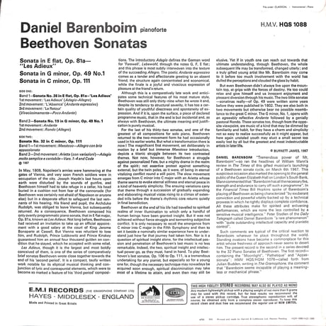 ダニエル・バレンボイム / Beethoven Sonatas [※輸入盤,生産国:UK,品番:HQS 1088］(LPレコード)