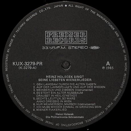 ハインツ・ホレチェック / ウィーンの辻馬車の歌/ウィーナーリート 1 [※国内盤,品番:KUX-3279-PR］(LPレコード)