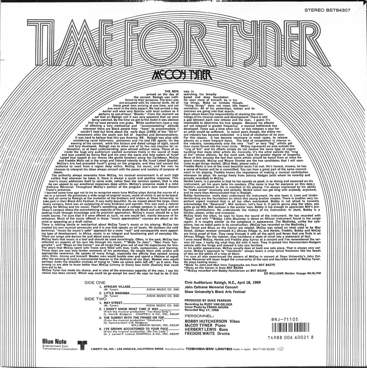 輸入盤LPレコード　McCoy Tyner / TIME FOR TYNER Amazon.com: Time For Tyner (Blue Note Tone Poet Series) [LP