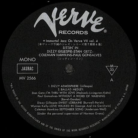 ディジー・ガレスピー,スタン・ゲッツ,コールマン・ホーキンス 他 / Sittin' In [※国内盤,品番:MV 2566］(LPレコード)