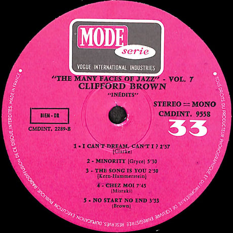 クリフォード・ブラウン / Inédits [※輸入盤,生産国:France,品番:CMDINT 9558］(LPレコード)