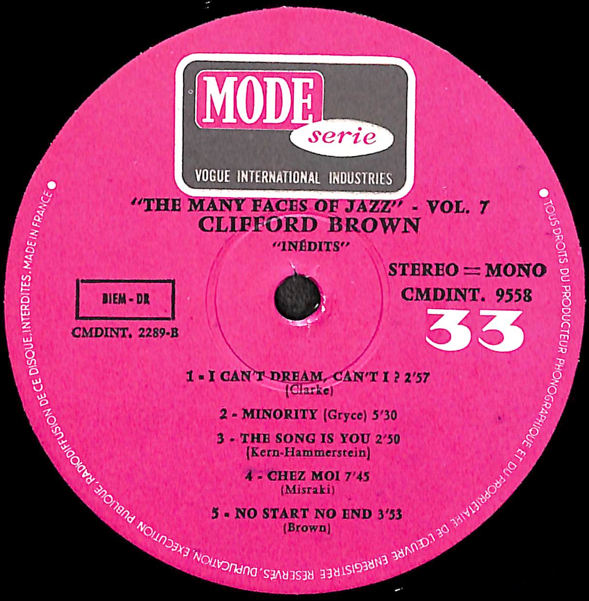 クリフォード・ブラウン / Inédits [※輸入盤,生産国:France,品番:CMDIN