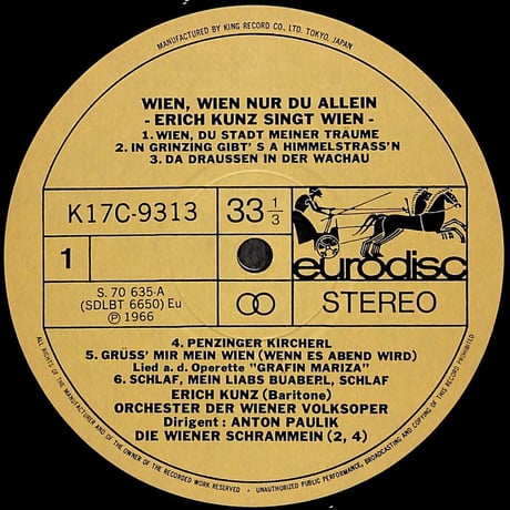 エーリッヒ・クンツ / わが夢の都ウィーン [※国内盤,品番:K17C-9313］(LPレコード)