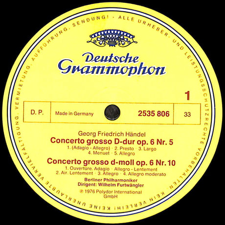 フルトヴェングラー / Händel:Concerti Grossi, Op. 6 Nr. 5 & 10 他 [※輸入盤,生産国:Germany,品番:2535 806］(LPレコード)