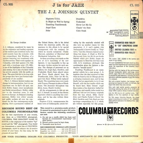 The J.J. Johnson Quintet / J Is For Jazz [※輸入盤,生産国:US,品番:CL 935］(LPレコード)