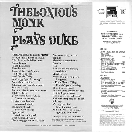 セロニアス・モンク /  Plays Duke（US RIVERSIDE STEREO,RS3015）（LPレコード）