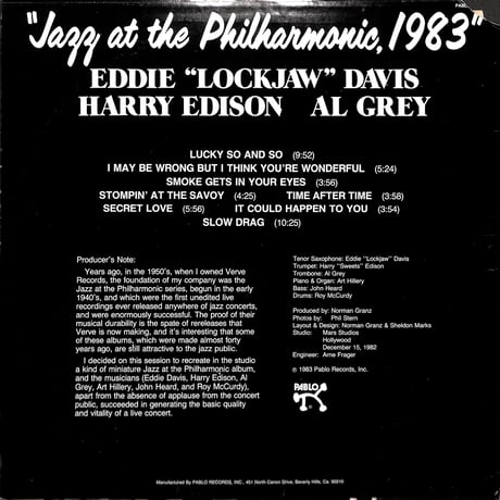 エディ“ロックジョウ”デイヴィス / Jazz At The Philharmonic, 1983 [※輸入盤,生産国:US,品番:2310-882］(LPレコード)