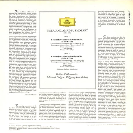 モーツァルト / Violinkonzerte Nr. 2 D-Dur KV 211/Nr. 3 G-Dur KV 216 [※輸入盤,生産国:Germany,品番:139 445］(LPレコード)