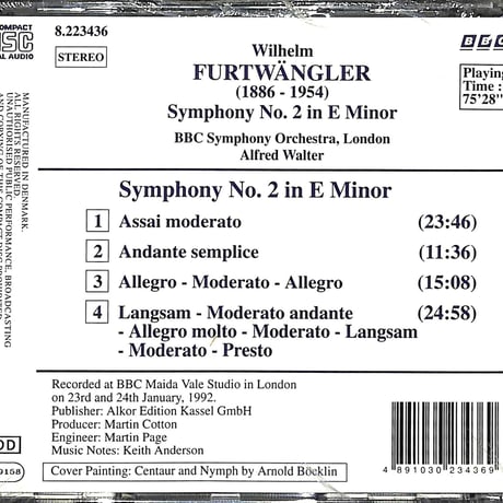 フルトヴェングラー / Furtwangler Symphony No.2 in E Minor[※新品未開封品][※Denmark盤][※品番:8.223436](CD)