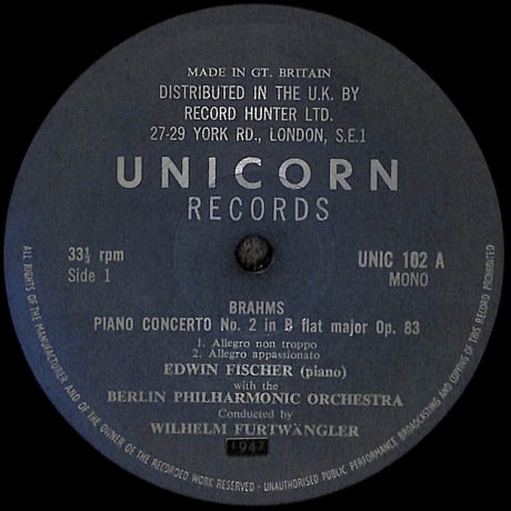 エドウィン・フィッシャー 他 / Brahms Piano Concerto No.2 In B Flat Major Op.83 [※輸入盤,生産国:UK,品番:UNIC-102］(LPレコード)
