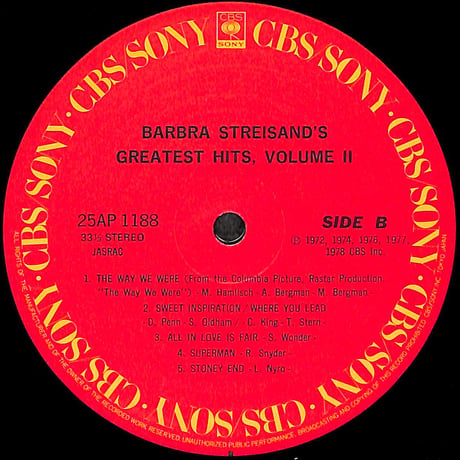 バーブラ・ストライザンド / グレーテスト・ヒット VOL.2 [※国内盤,品番:25AP 1188］(LPレコード)