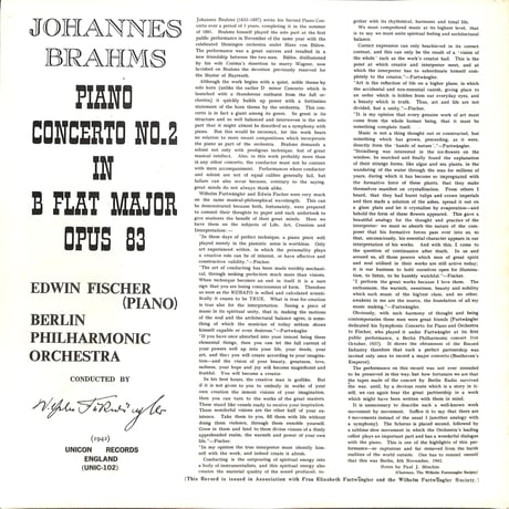 エドウィン・フィッシャー 他 / Brahms Piano Concerto No.2 In B Flat Major Op.83 [※輸入盤,生産国:UK,品番:UNIC-102］(LPレコード)