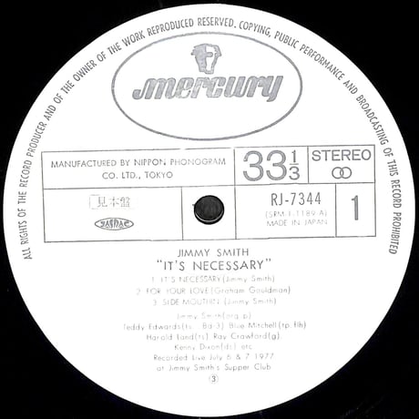 ジミー・スミス / It's Necessary [※希少白ラベルPROMO盤,国内盤,品番:RJ-7344］(LPレコード)
