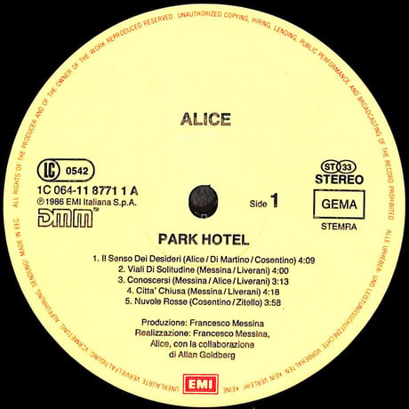 アリス / Park Hotel [※輸入盤,生産国:Europe,品番:11 8771 1］(LPレコード)
