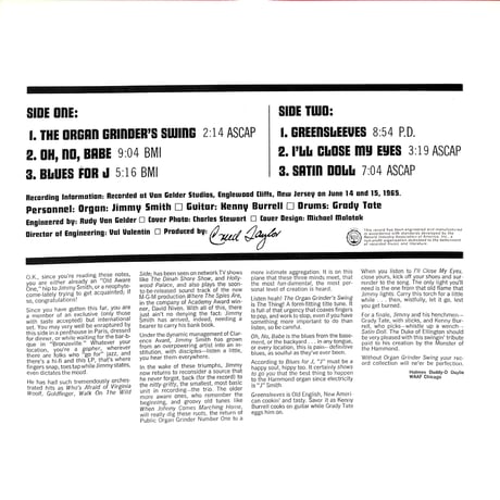 ジミー・スミス,ケニー・バレル,グレイディ・テイト / Organ Grinder Swing [※国内盤,品番:MV 2074］(LPレコード)