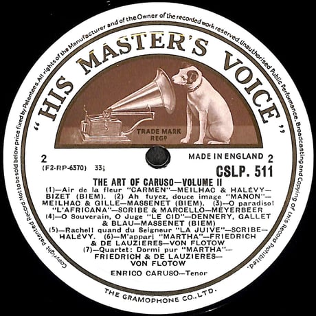 エンリコ・カルーソー / The Art Of Caruso Volume Two [※輸入盤,生産国:UK,品番:CSLP 511］(LPレコード)