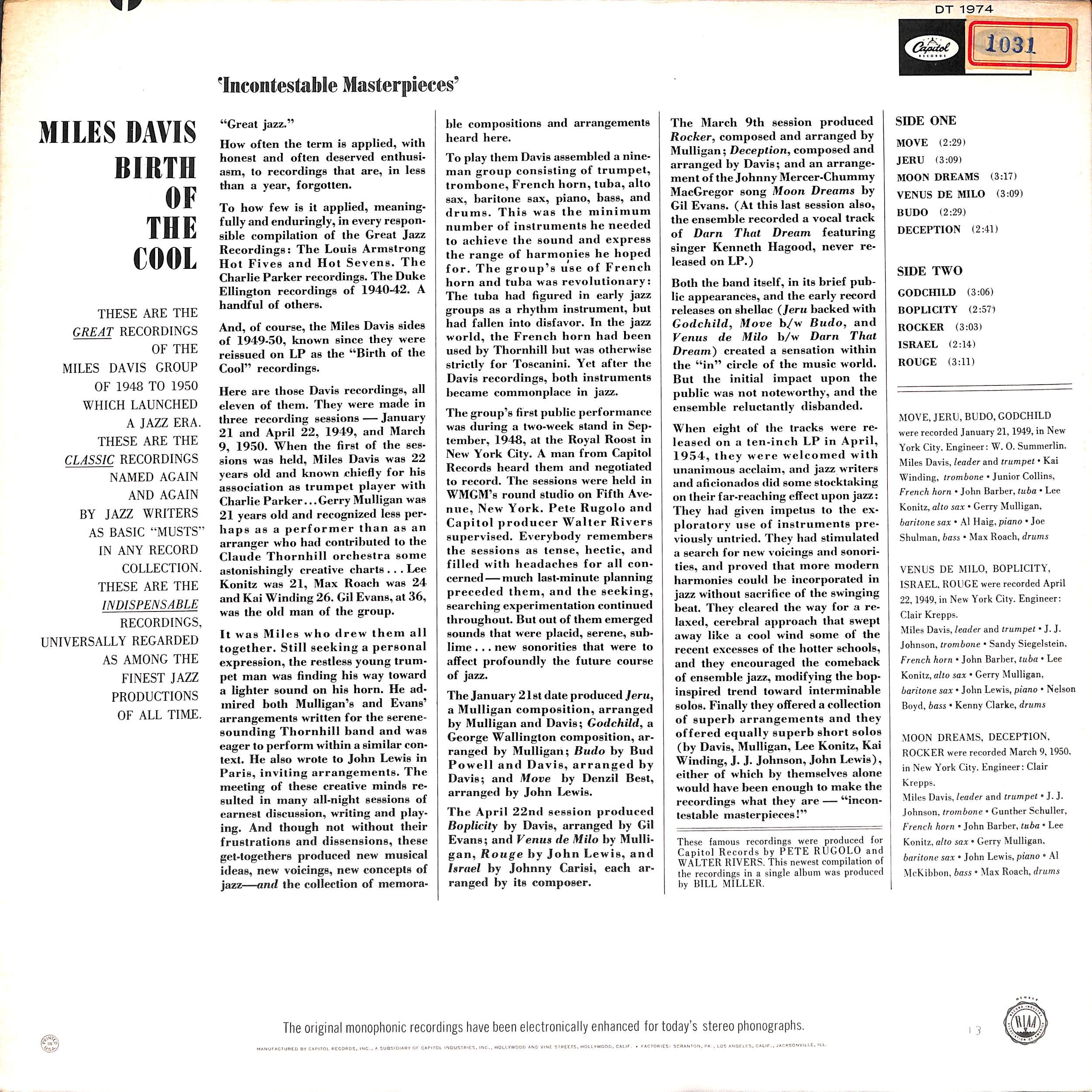 マイルス・デイヴィス / Birth Of The Cool［※輸入盤,生産国:US,品番:D