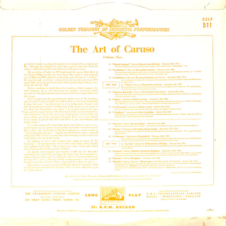 エンリコ・カルーソー / The Art Of Caruso Volume Two [※輸入盤,生産国:UK,品番:CSLP 511］(LPレコード)