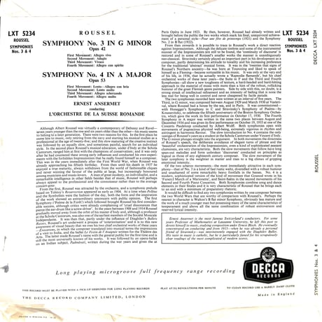 アルベール・ルーセル / Symphony No.3 In G Minor, Opus 42 他 [※輸入盤,生産国:UK,品番:LXT5234］(LPレコード)