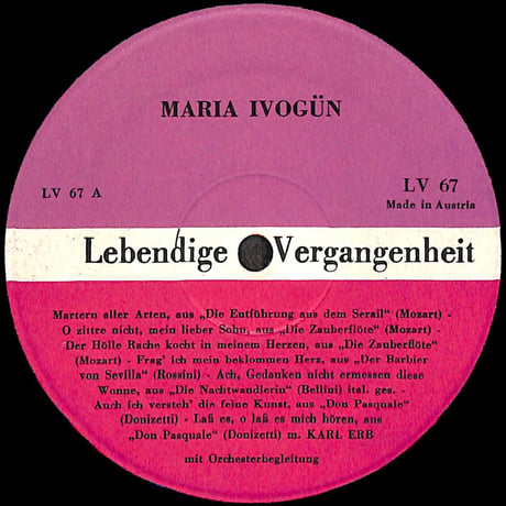 マリア・イーヴォギュン / Maria Ivogün [※輸入盤,生産国:Austria,品番:LV 67］(LPレコード)
