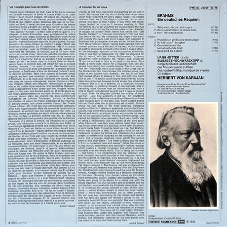 Brahms:Schwarzkopf,Hotter,Karajan / Un Requiem Allemand [※輸入盤,生産国:France,品番:2C051-43176］(LPレコード)