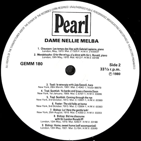 ネリー・メルバ / Dame Nellie Melba [※輸入盤,生産国:UK,品番:GEMM 180］(LPレコード)