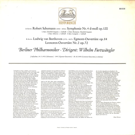 フルトヴェングラー / Schumann:Symphonie Nr.4 D-moll op.120 他 [※輸入盤,生産国:Germany,品番:88 008］(LPレコード)