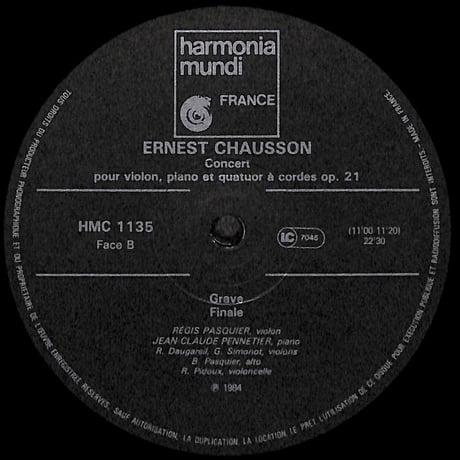 Chausson:Concert Pour Violon, Piano & Quatuor A Cordes Op. 21 [※輸入盤,生産国:France,品番:HMC 1135］(LPレコード)