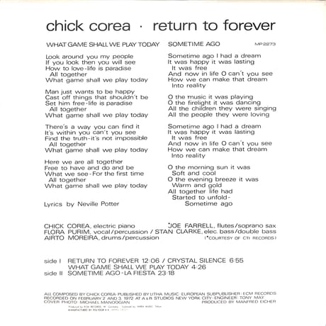 チック･コリア・クインテット / リターン・トゥ・フォーエヴァー  [※国内盤,品番:MP 2273］(LPレコード)