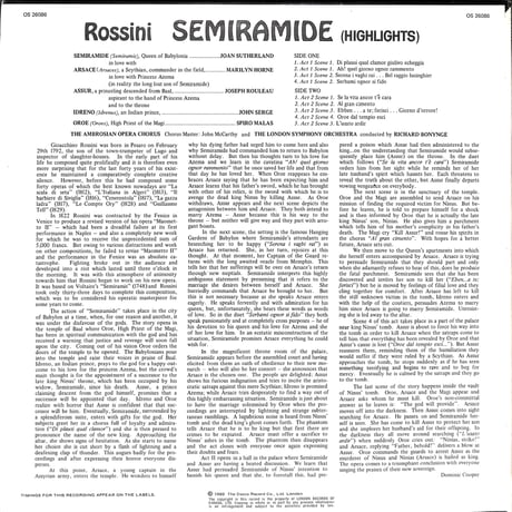 Rossini: Semiramide (Highlights) [※輸入盤,生産国:UK,品番:OS 26086］(LPレコード)