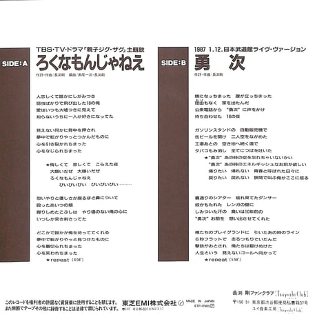 長渕剛 / ろくなもんじゃねえ［※日本盤 品番:ETP-17965］(7inchシングル)