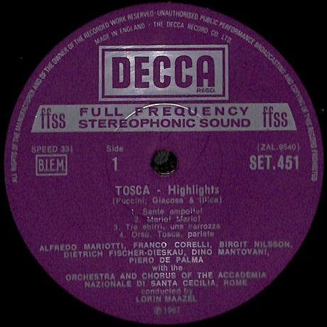 Puccini:Tosca - Highlights [※輸入盤,生産国:UK,品番:SET 451］(LPレコード)