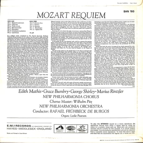 エディト・マティス,グレース・バンブリー,ジョージ・シャーリー 他 / Mozart Requiem [※輸入盤,生産国:UK,品番:SAN 193］(LPレコード)