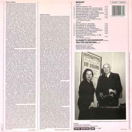 モーツァルト,エリーザベト・シュヴァルツコップ,ヴァルター・ギーゼキング / Lieder et Mélodies [※輸入盤,生産国:France,品番:1015781］(LPレコード)
