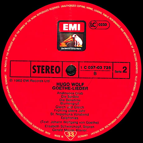 エリーザベト・シュヴァルツコップ / Goethe-Lieder [※輸入盤,生産国:Germany,品番:1C 037-03 725］(LPレコード)
